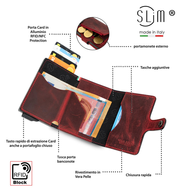 SLim®️ Genuine Crazy Horse Leather Card Holder in Dark Brown with Zip