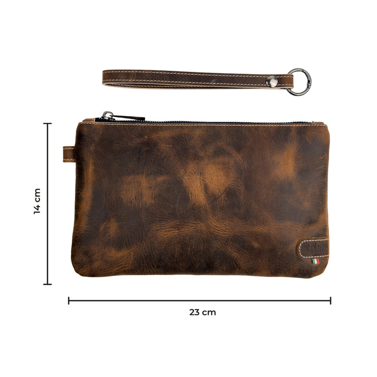 Pochette con Polsiera Vera Pelle Crazy Cuoio Dark Brown