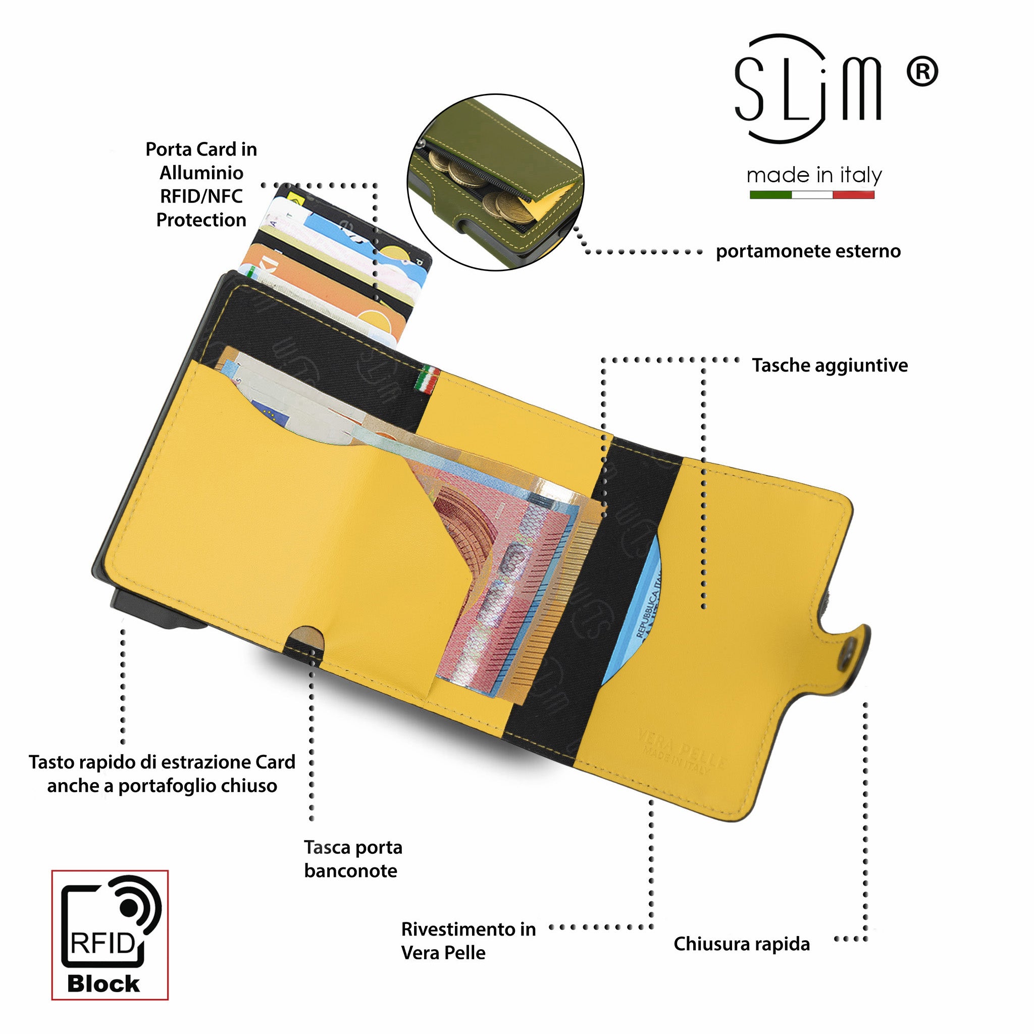 Porta carte Vera Pelle Verde Pistacchio-Giallo con zip porta-monete