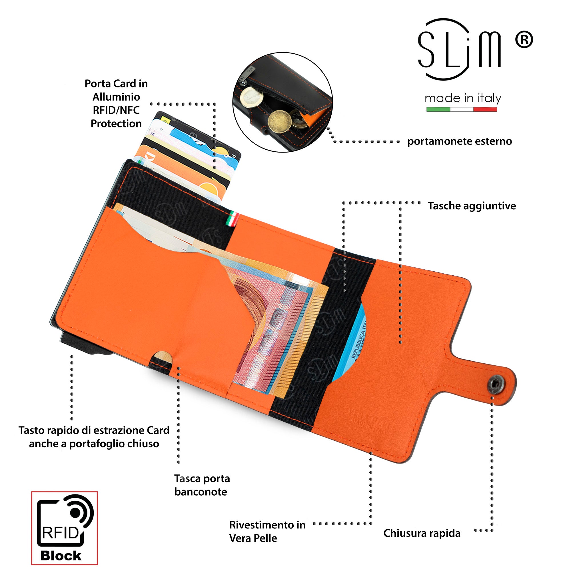 Porta Carte Vera Pelle Nero e Arancio con zip porta monete