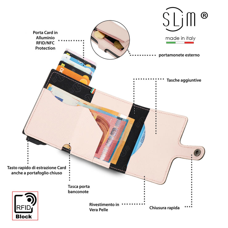 Porta Carte Vera Pelle Saffiano Anti Graffio Rosa con Zip