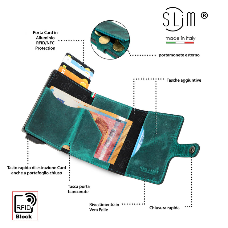 SLim®️ Genuine Crazy Horse Leather Card Holder in Dark Brown with Zip