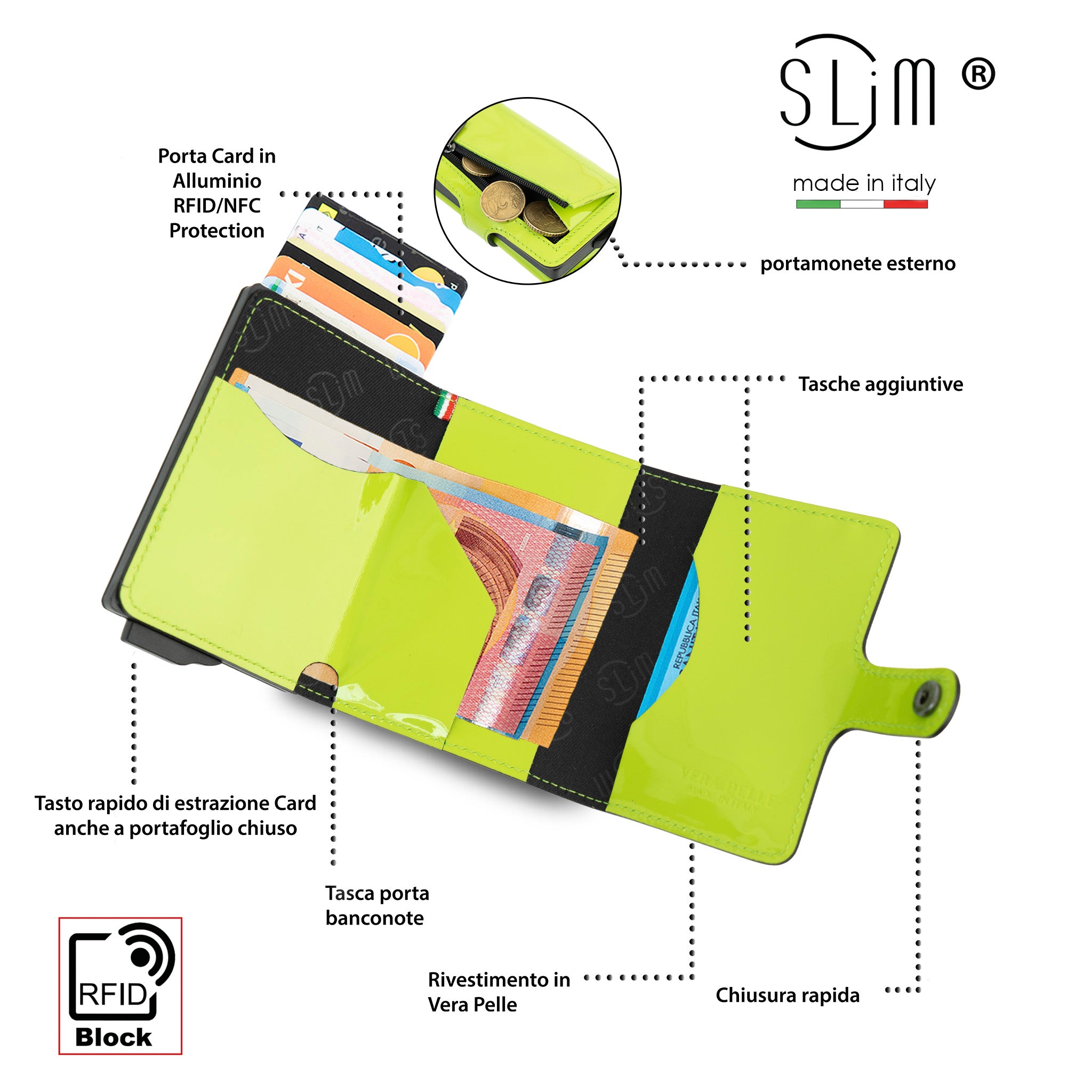 Porta Carte Vera Pelle Specchio Verde Mela con Zip