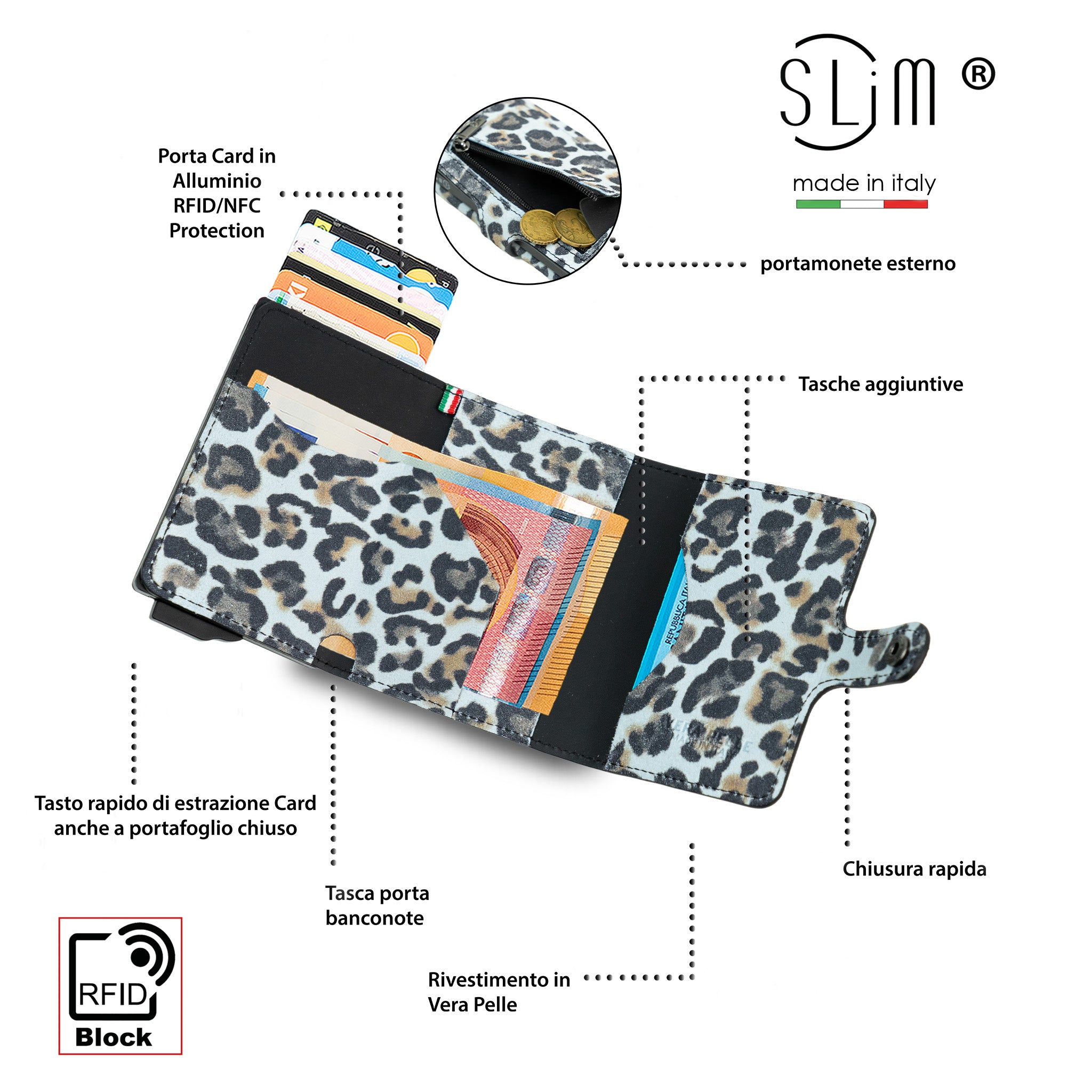SLim®️ Genuine Animalier Leather Fuchsia/Black with zip coin purse and Animalier heart key ring