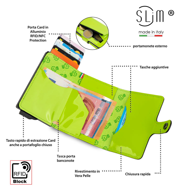 Porta Carte Vera Pelle Verde Mela con Zip