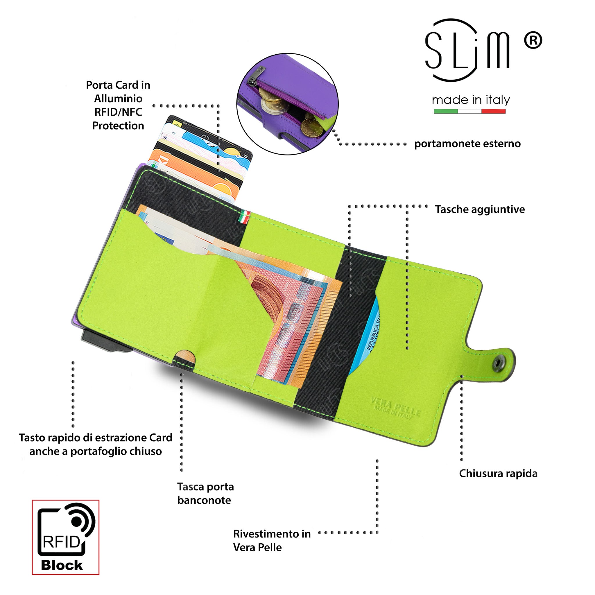 SLim®️ genuine leather wallet purple/lime green with coin pocket and zip