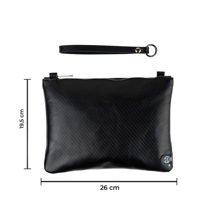 Pochette Modello Grande con Polsiera Vera Pelle Carbon Nero
