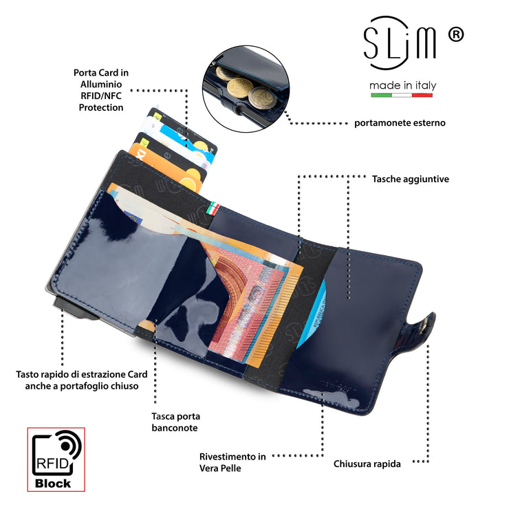 Porta Carte Vera Pelle Specchio Blu con Zip