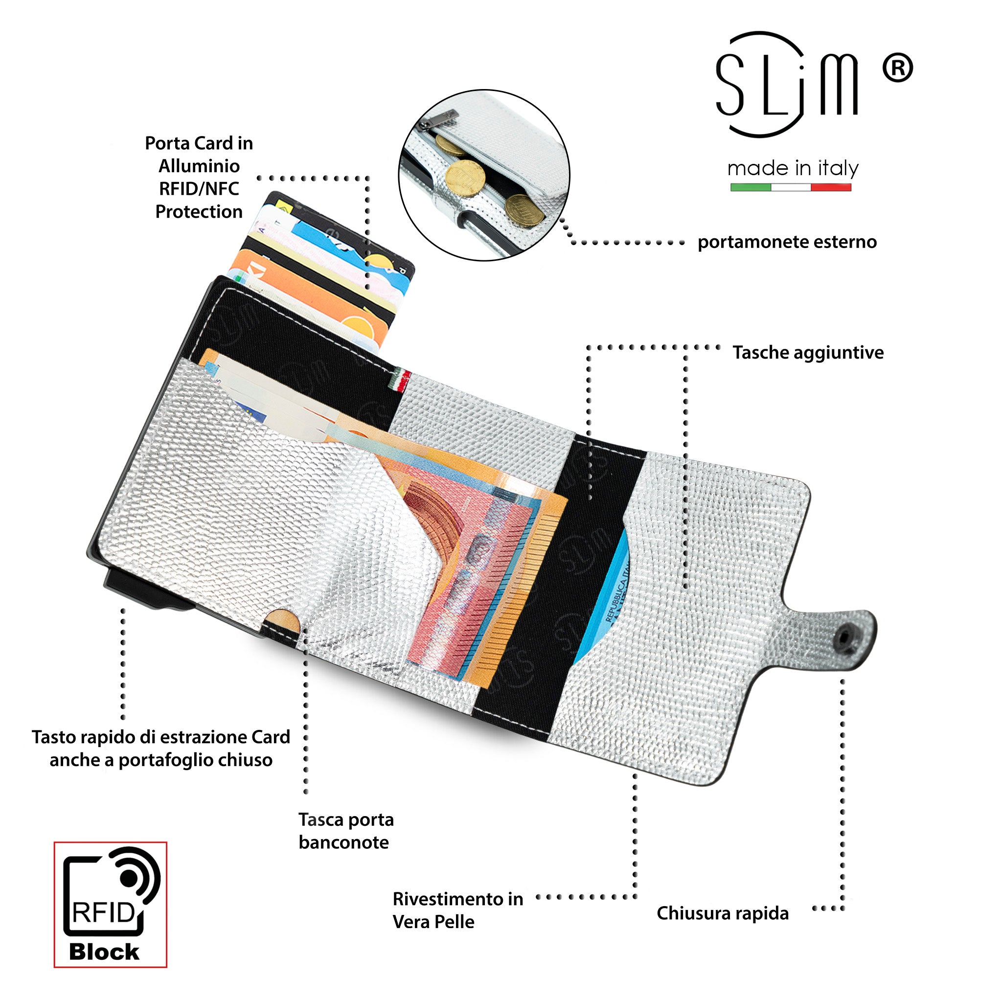 Portacarte Vera Pelle Tejus Metal Argento Laminato