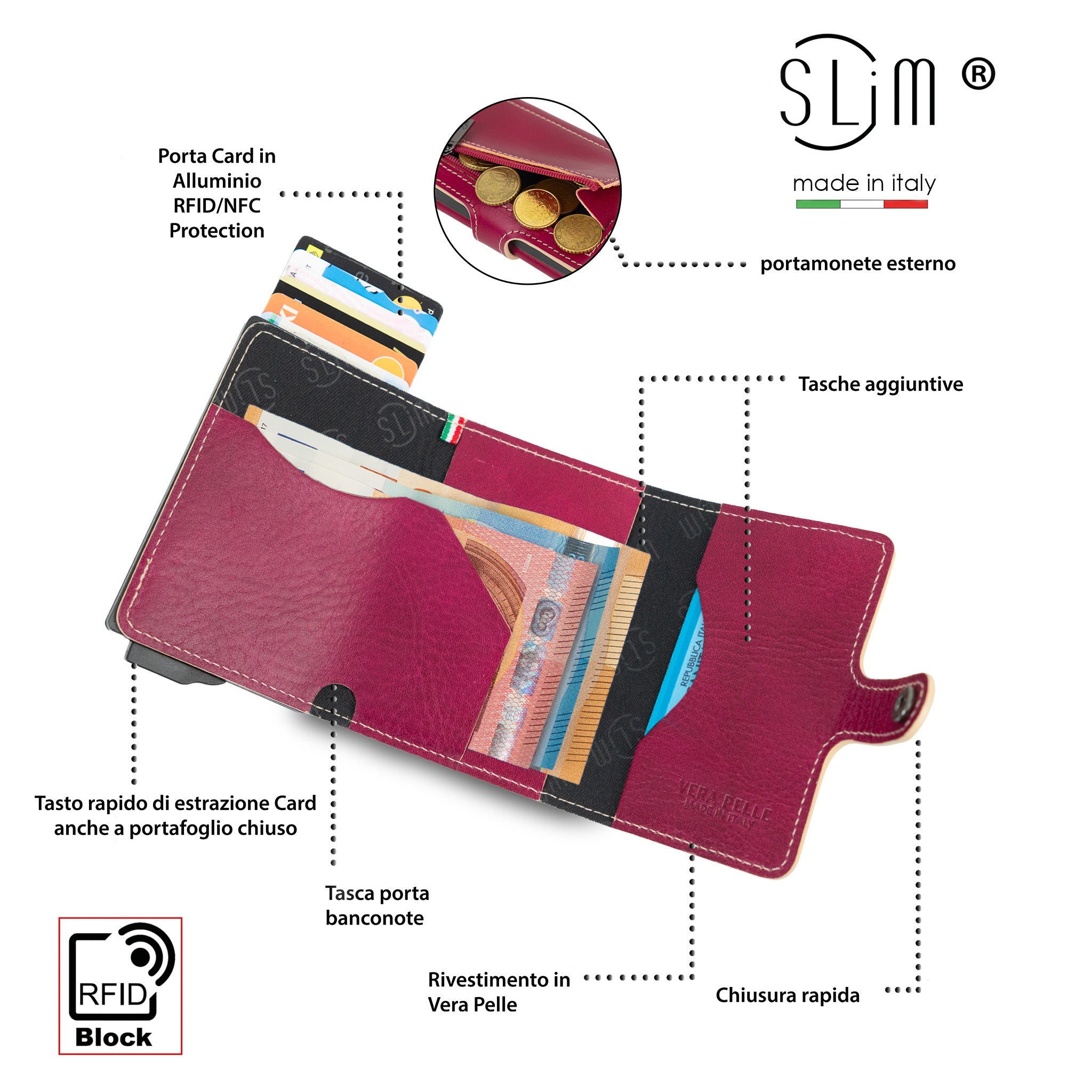 Porta Carte Vera Pelle Concia Al Vegetale Fucsia Zip