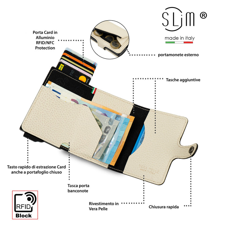 Porta Carte Vera Pelle Bottalato Beige con zip porta monete