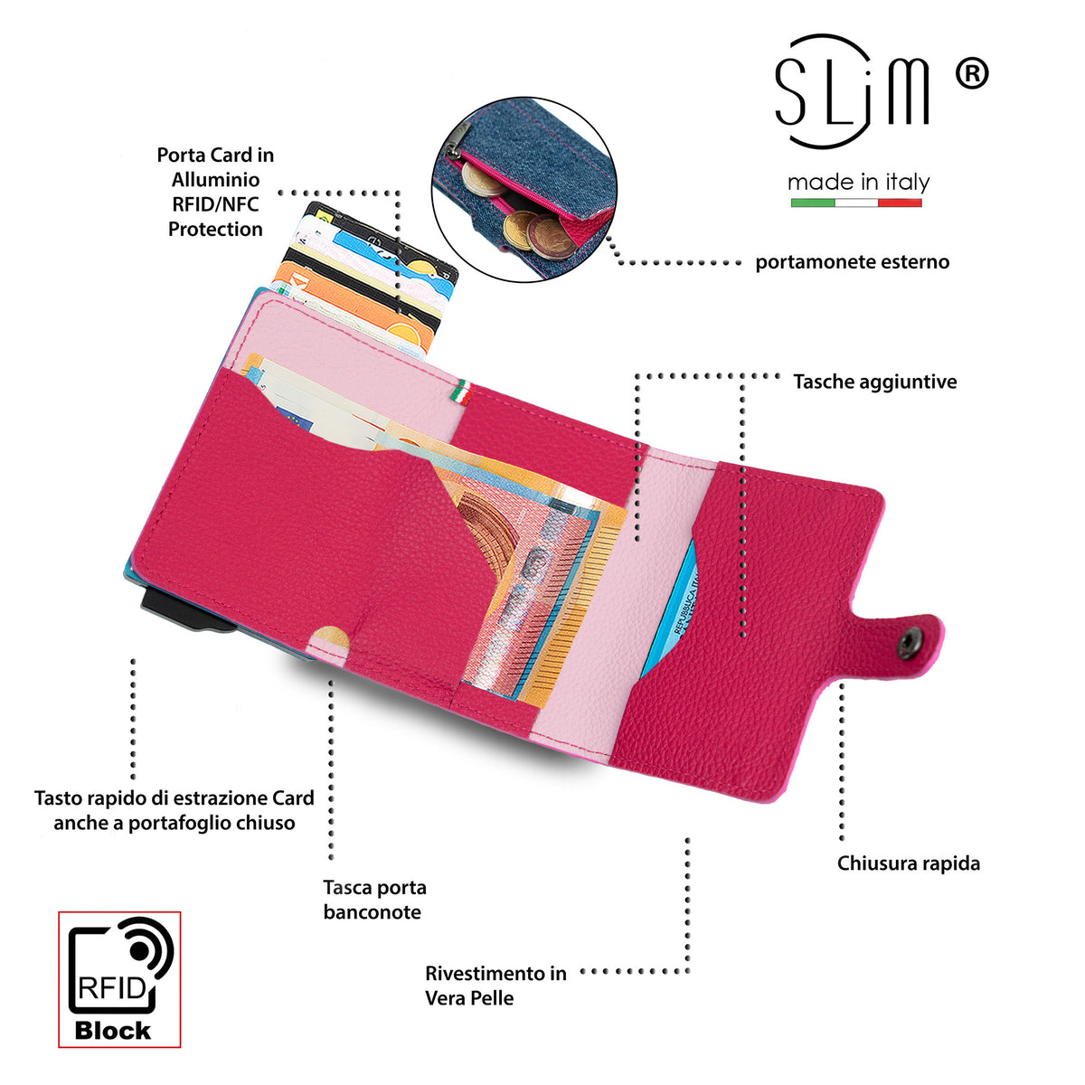 Porta Carte Jeans e Vera Pelle Fucsia Bottalata con zip porta monete