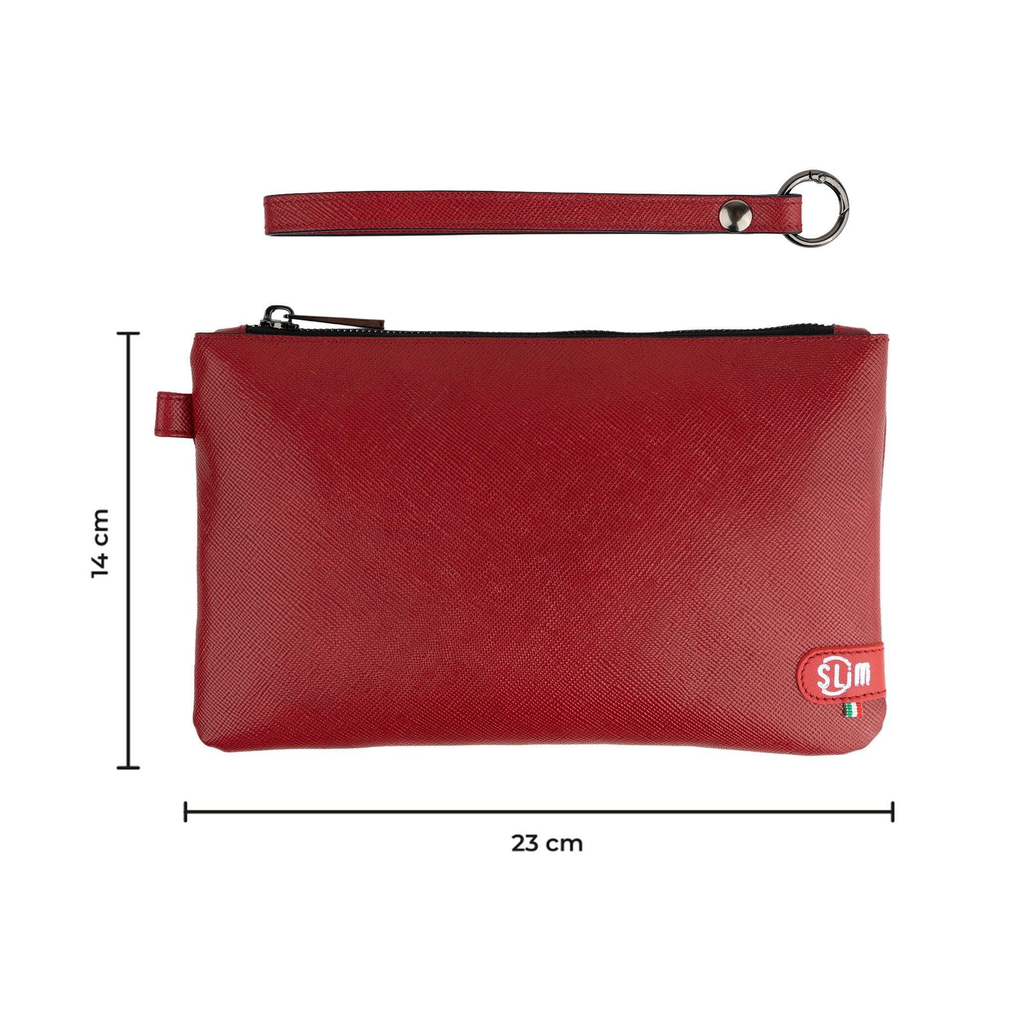 Pochette con Polsiera Vera Pelle Saffiano Rosso Rubino
