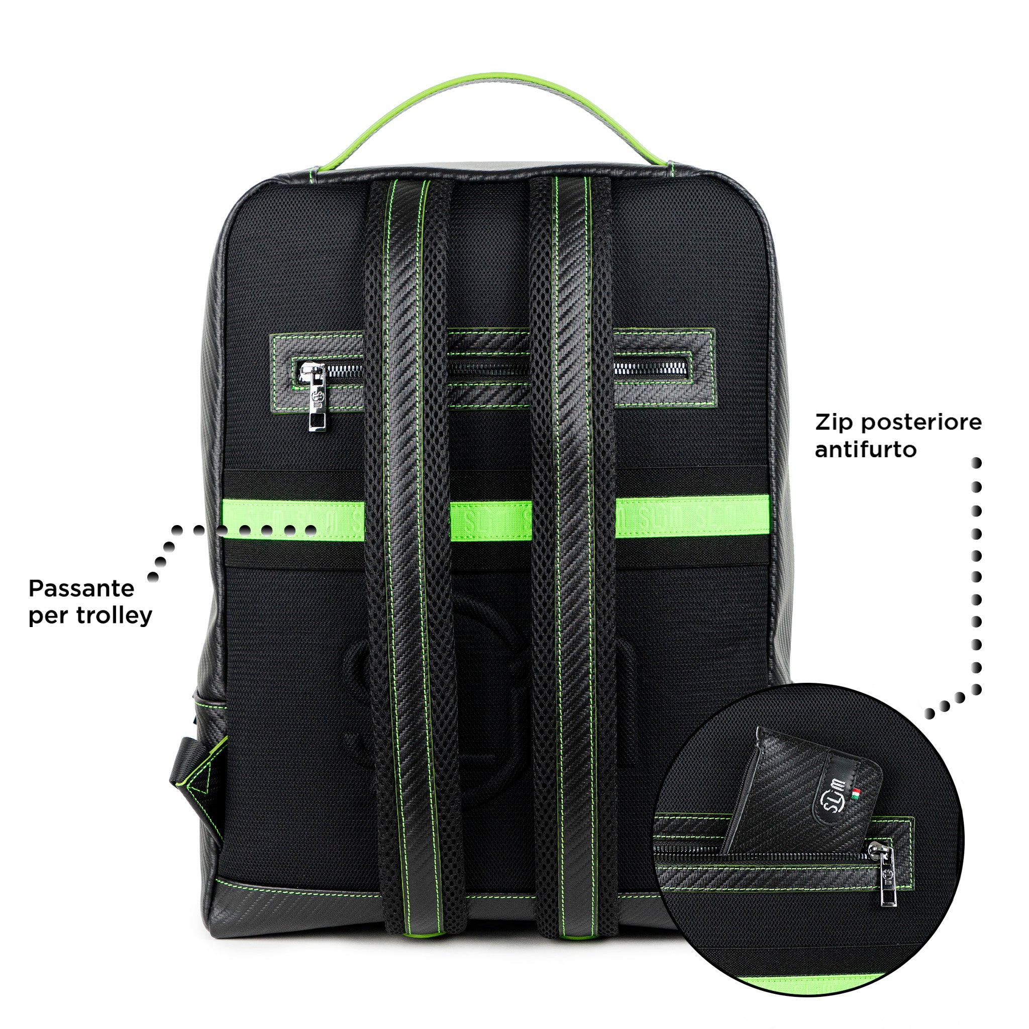 Zaino Grande Vera Pelle Carbon Nero cuciture Verdi