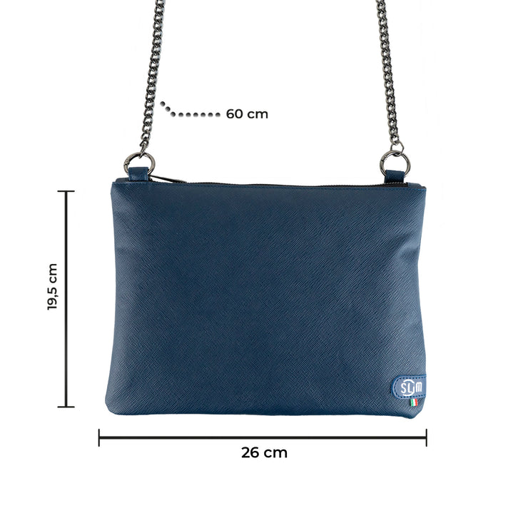 Pochette con Tracolla Vera Pelle Saffiano Blu