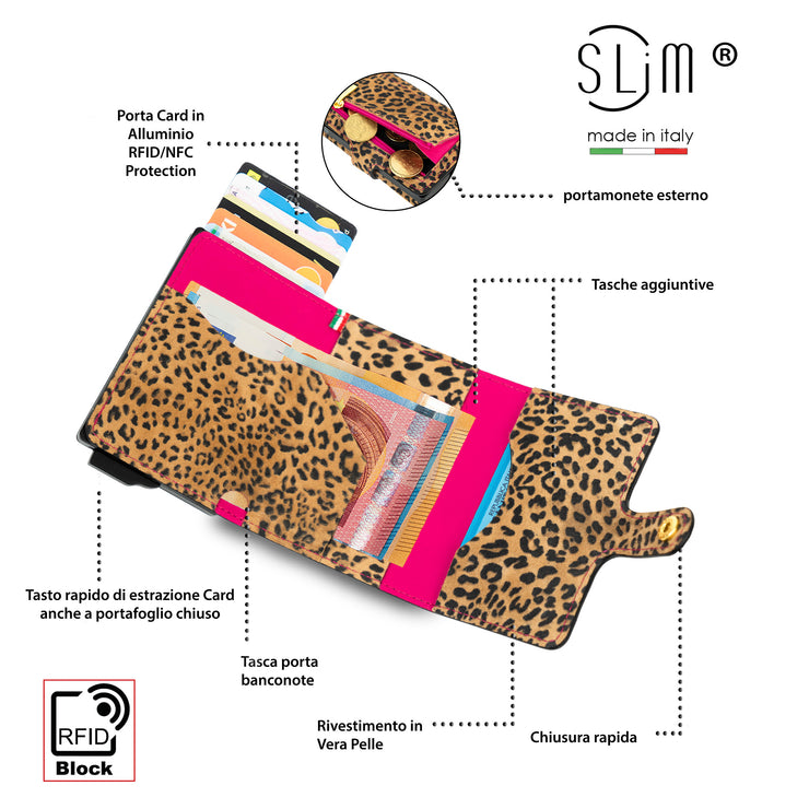 SLim®️ Vera Pelle Animalier Leopard Fucsia con zip porta monete