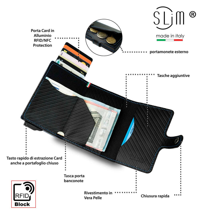 SLim®️carbon style genuine leather wallet with case and blue stitching