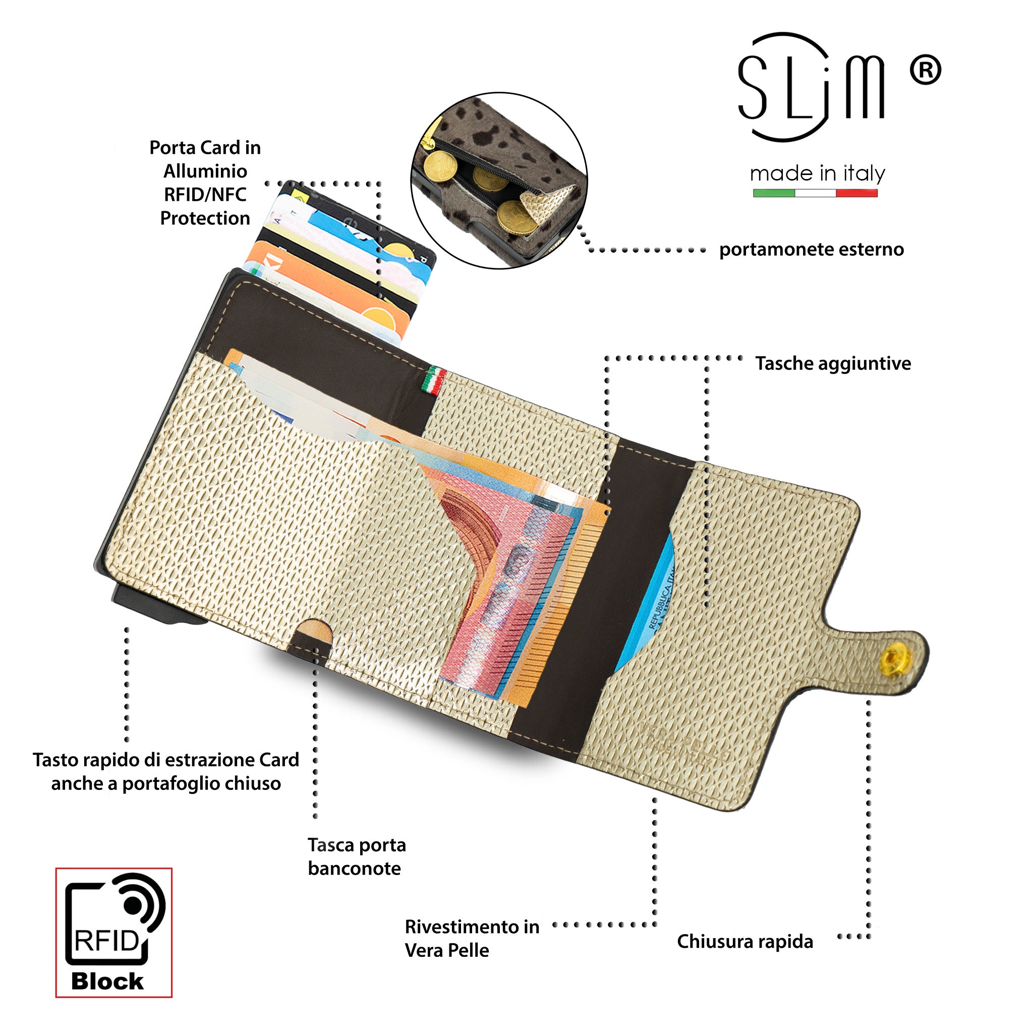 SLim®️ Vera Pelle Animalier Cavallino Grigio e Oro