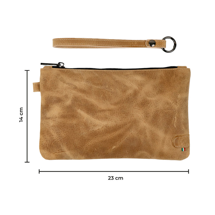 Clutch Bag with Wristband in Genuine Crazy Horse Leather, Sand