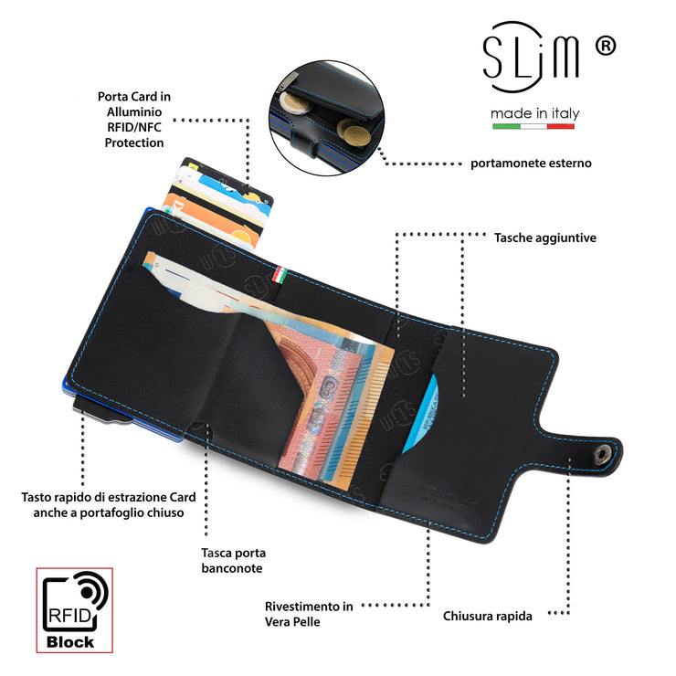 SLim®️ double case genuine balck leather wallet with blue stitching and zip