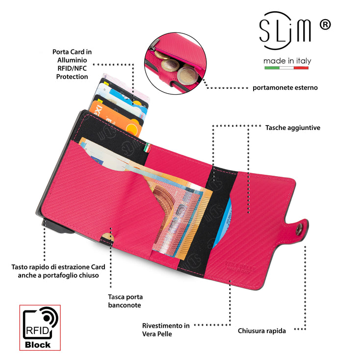 SLim®️ carbon style genuine leather wallet black/yellow with zip