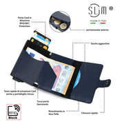 Porta Carte Vera Pelle Blu con Zip