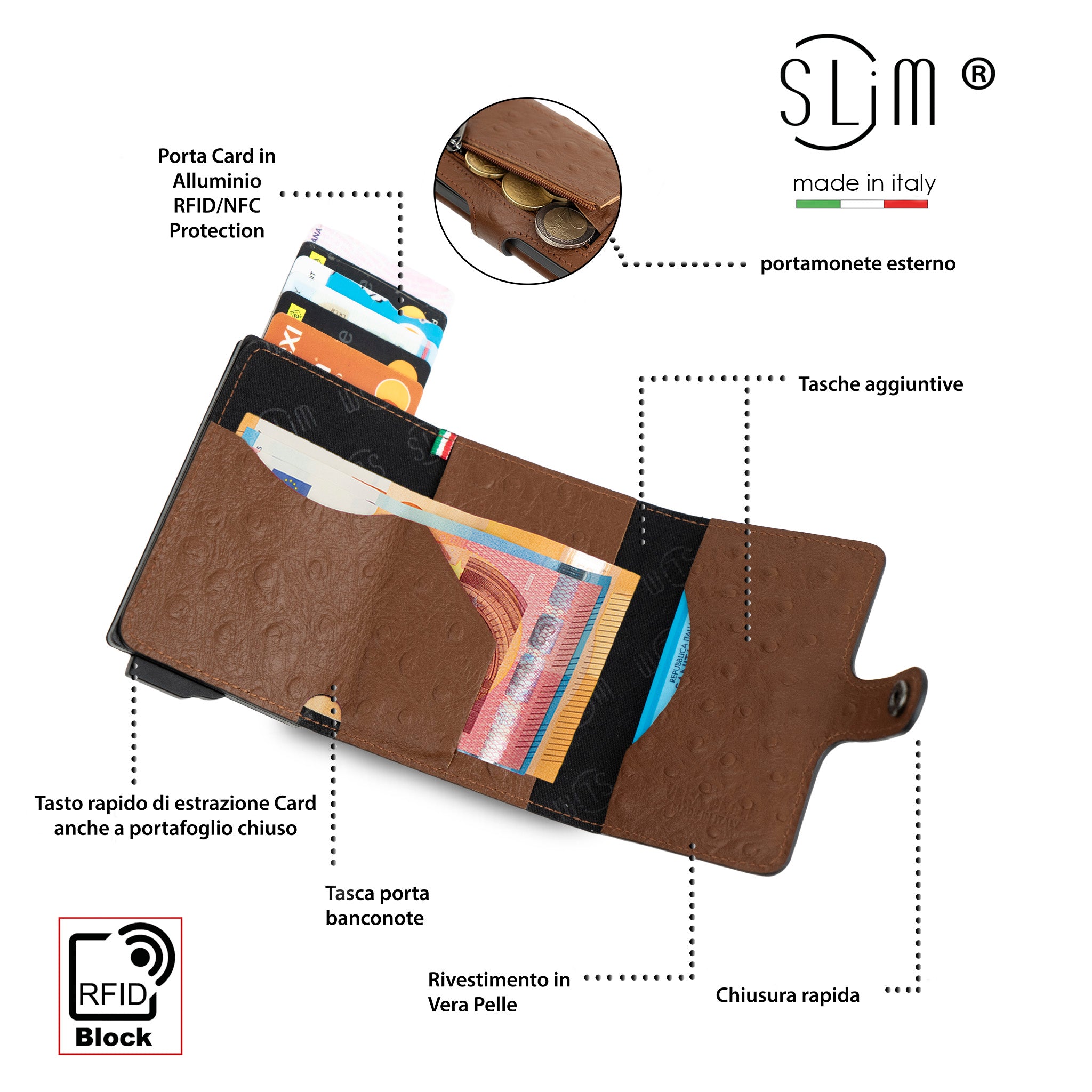 SLim®️ Vera Pelle stampa Struzzo Marrone