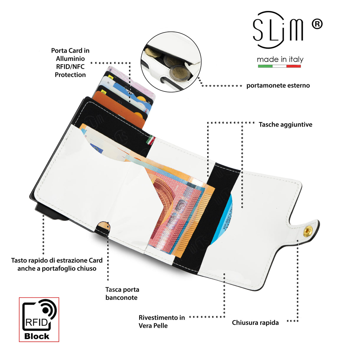 Porta Carte Vera Pelle Specchio Bianco con Zip