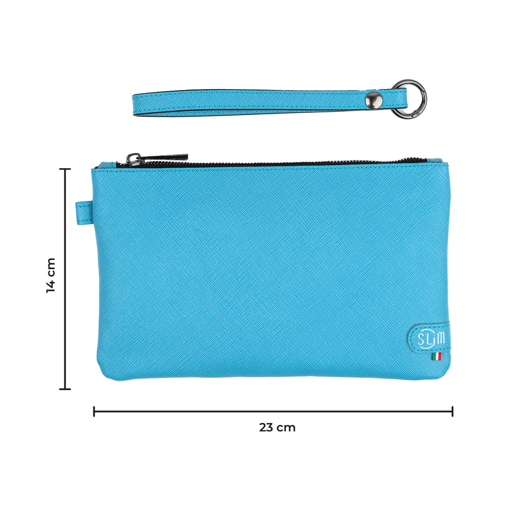 Pochette con Polsiera Vera Pelle Saffiano Azzurro