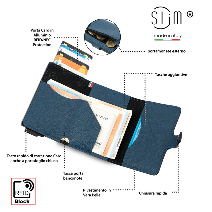 Porta Carte Vera Pelle Bottalato Blu navy con zip porta monete