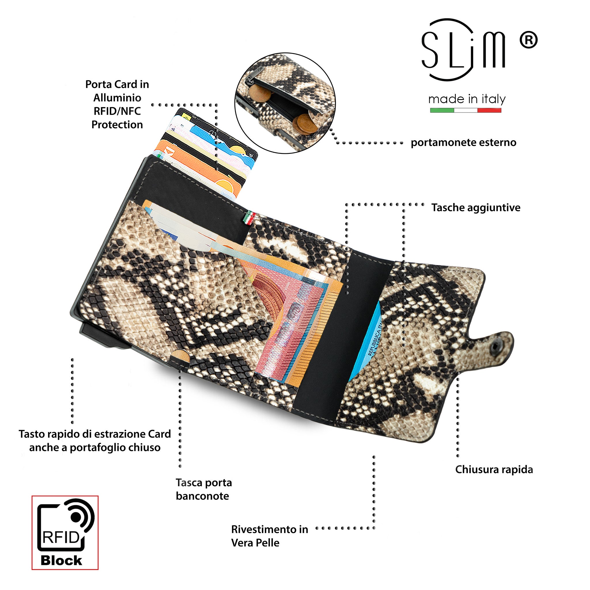 SLim®️ Genuine Animalier Leather Fuchsia/Black with zip coin purse and Animalier heart key ring