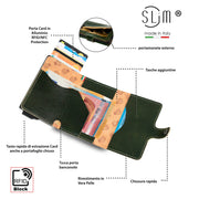 Porta Carte Vera Pelle Concia Al Vegetale Verde Zip