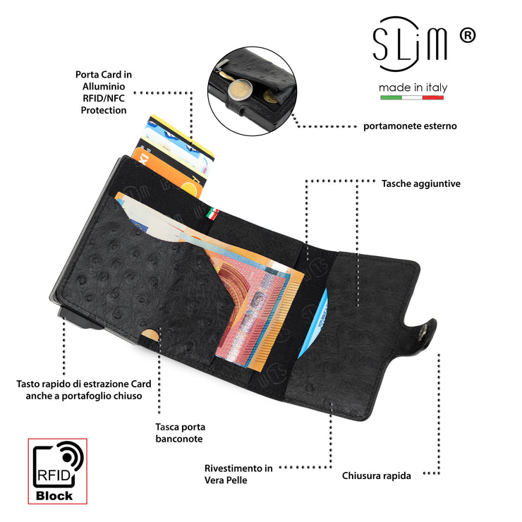 SLim®️ Vera Pelle stampa Struzzo Nero