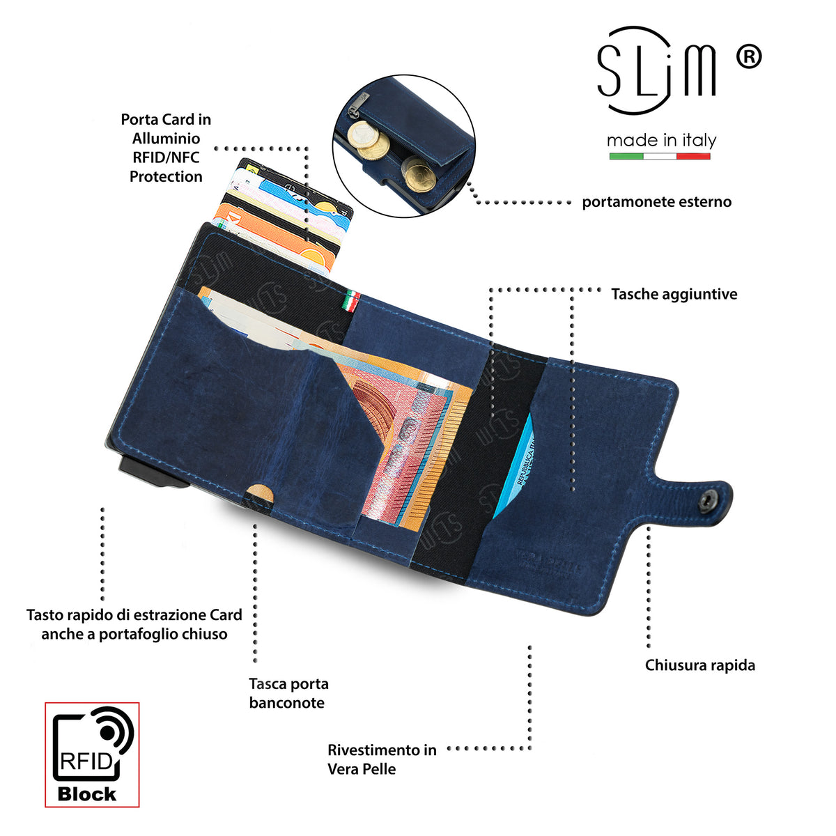 Porta Carte Vera Pelle Crazy Horse Blu