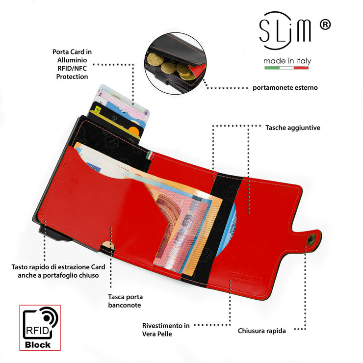 Porta Carte Vera Pelle Carbon Style Nero/Rosso con zip