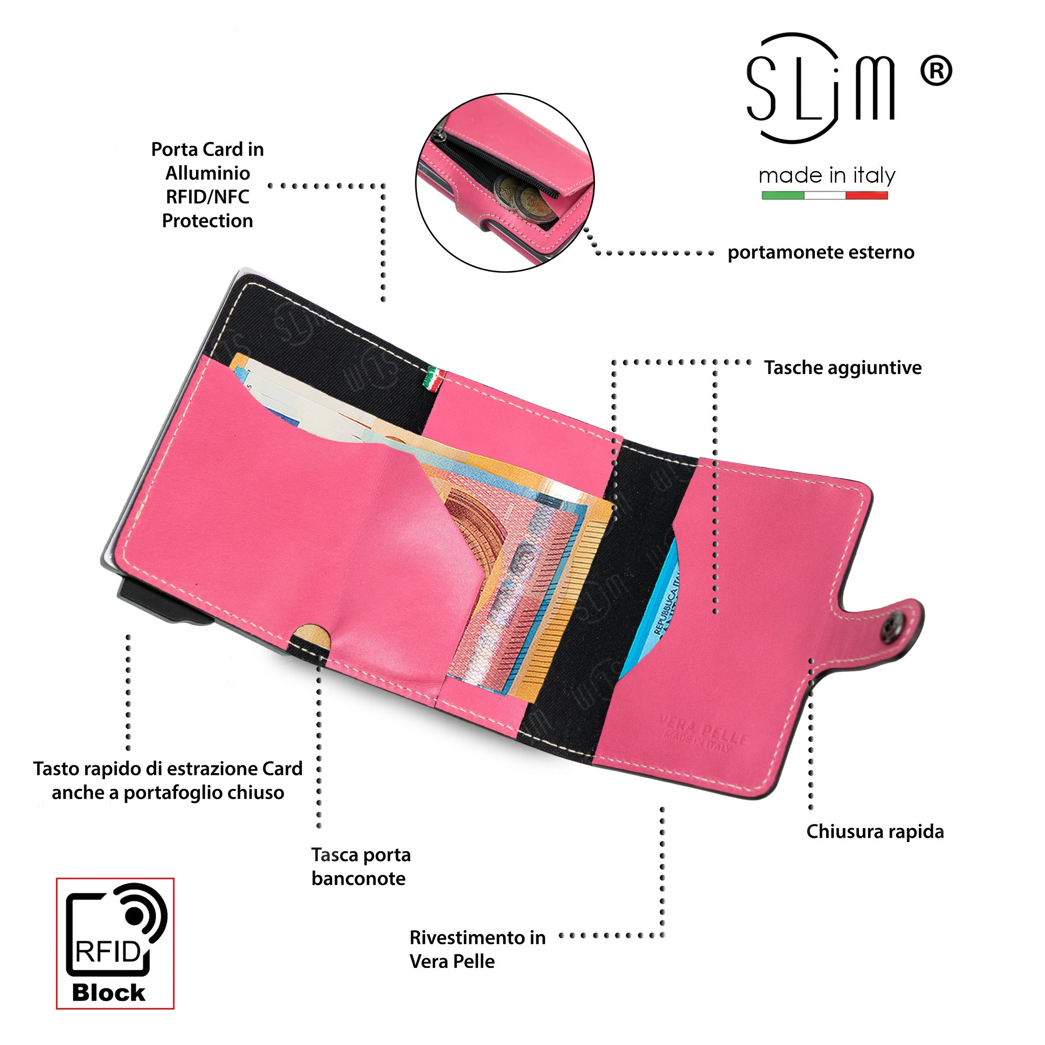 Porta Carte Vera Pelle Concia Vegetale Fucsia Zip