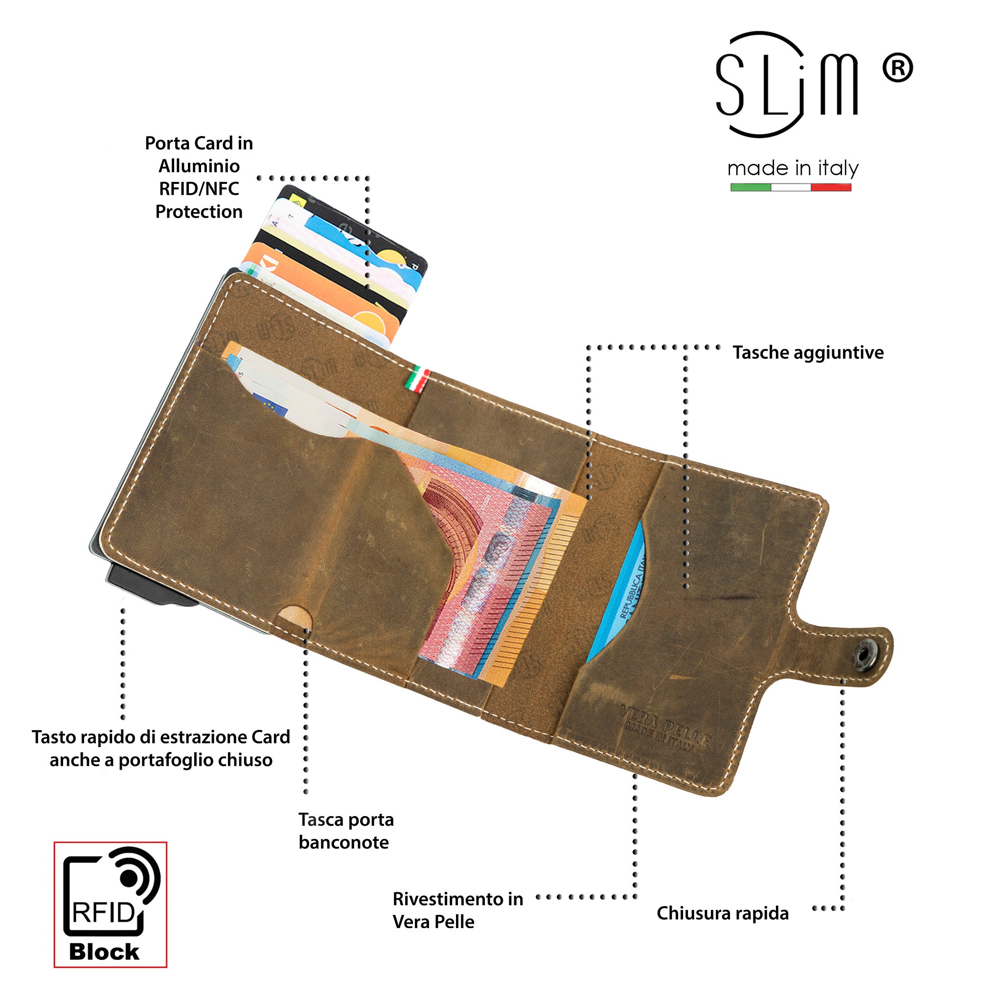 Porta Carte Vera Pelle Crazy Horse Cuoio Senza Zip