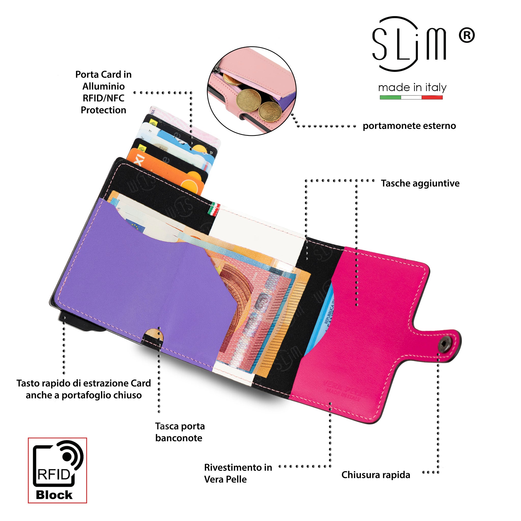 Portacarte Vera Pelle Rosa Multicolor con zip porta-monete