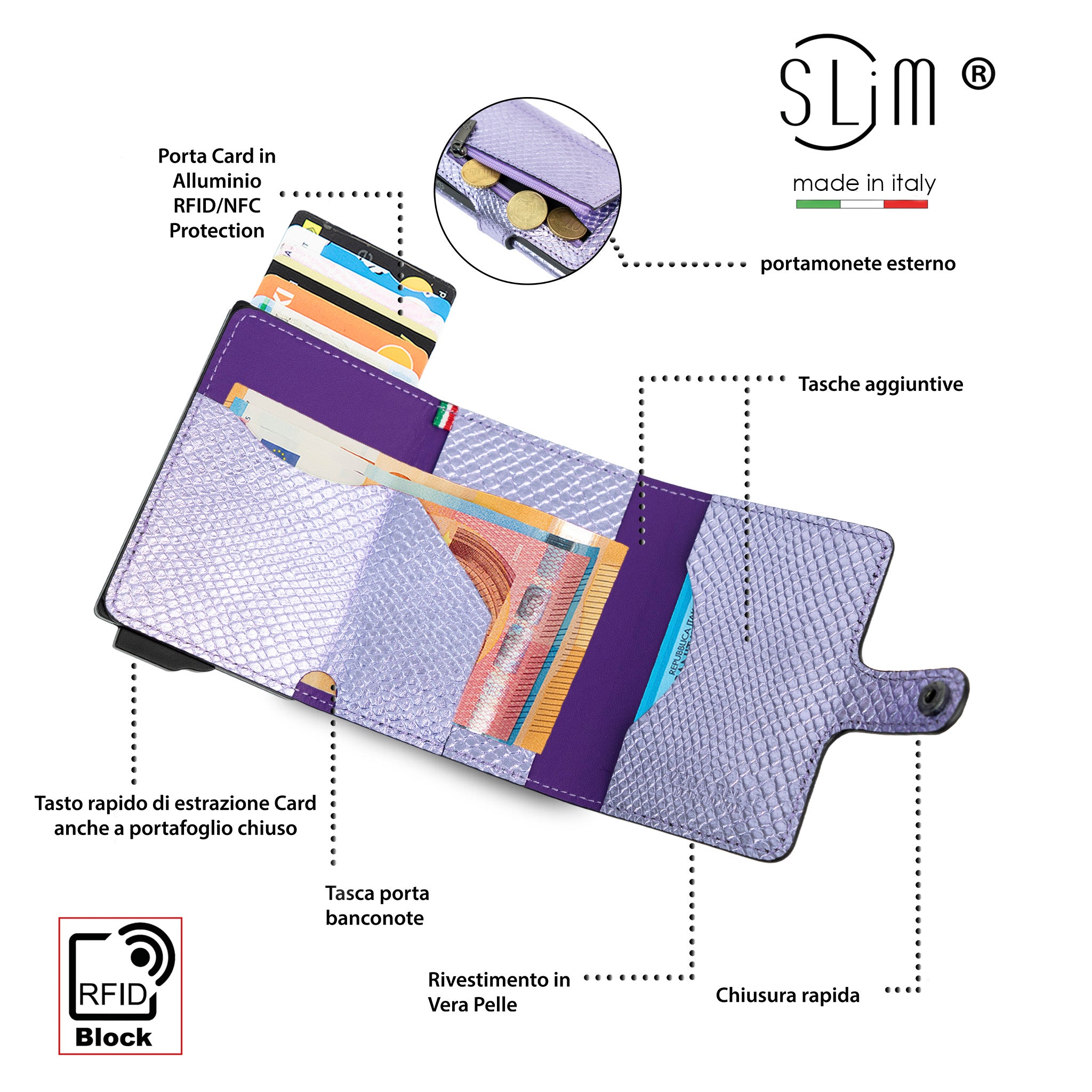 Portacarte Vera Pelle Tejus Laminato Viola