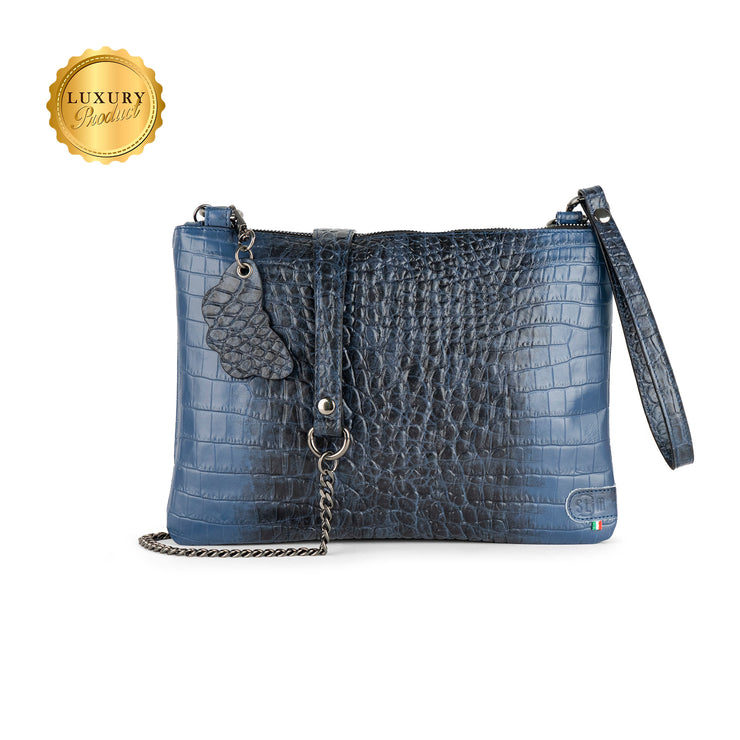 Pochette con Tracolla Vera Pelle Cocco Blu