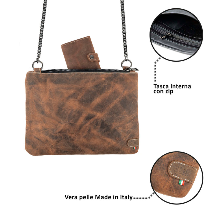 Clutch Bag with Wristband in Genuine Black Saffiano Leather