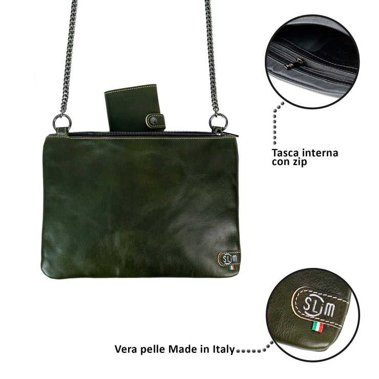 Pochette con Tracolla Vera Pelle Vegetale Verde