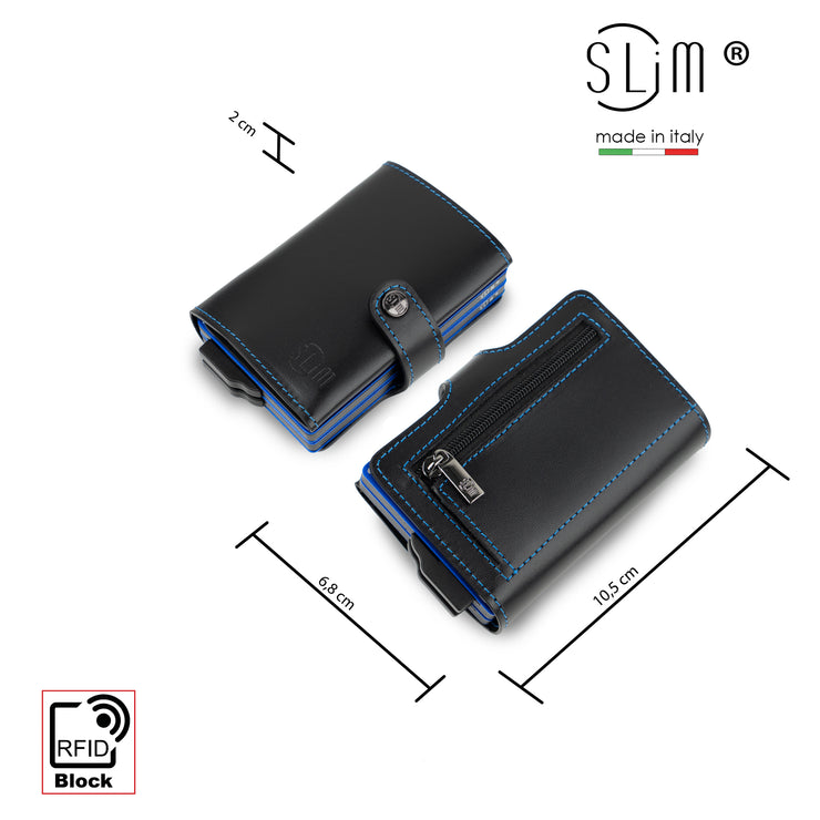 SLim®️ double case genuine balck leather wallet with blue stitching and zip