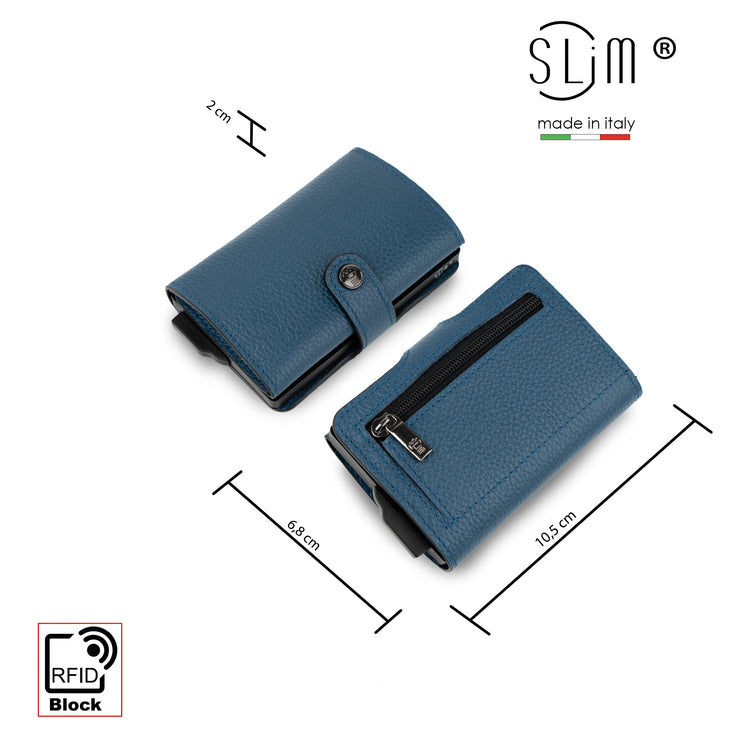 Porta Carte Vera Pelle Bottalato Blu navy con zip porta monete