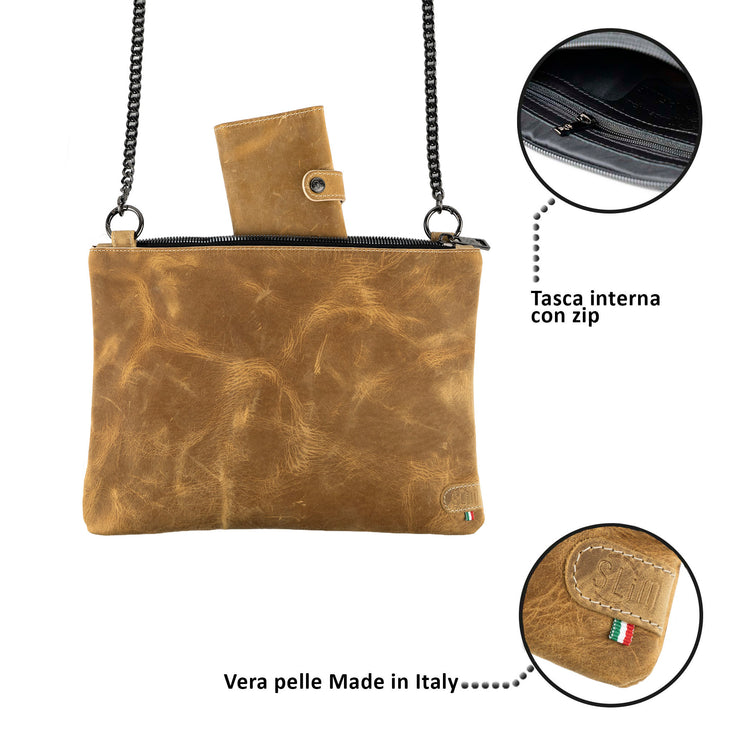 Clutch Bag with Wristband in Genuine Black Saffiano Leather