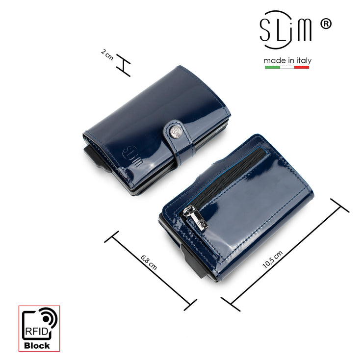 Porta Carte Vera Pelle Specchio Blu con Zip