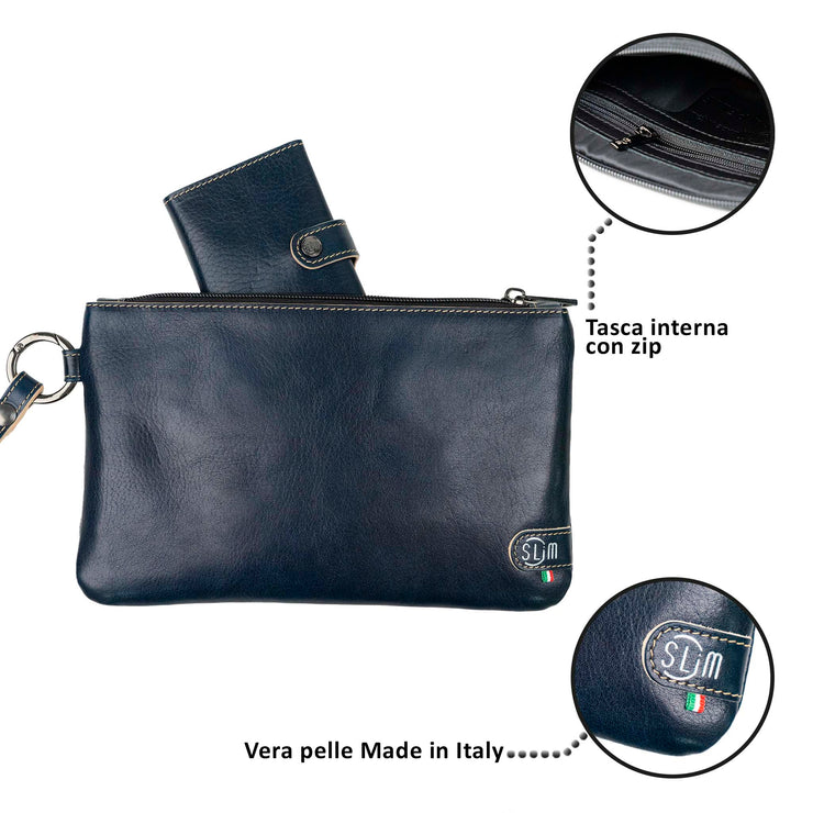 Pochette con Polsiera Vera Pelle Vegetale Blu