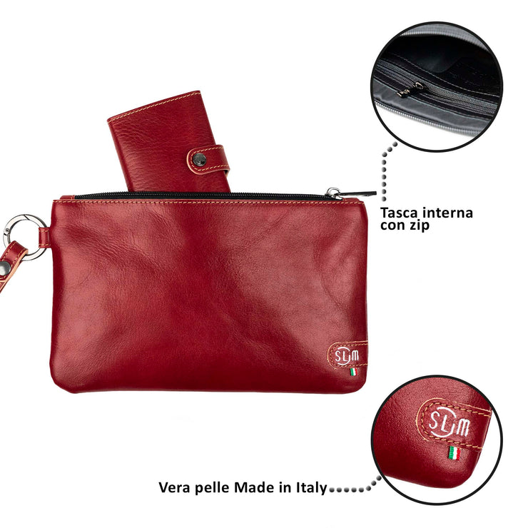 Pochette con Polsiera Vera Pelle Vegetale Rosso