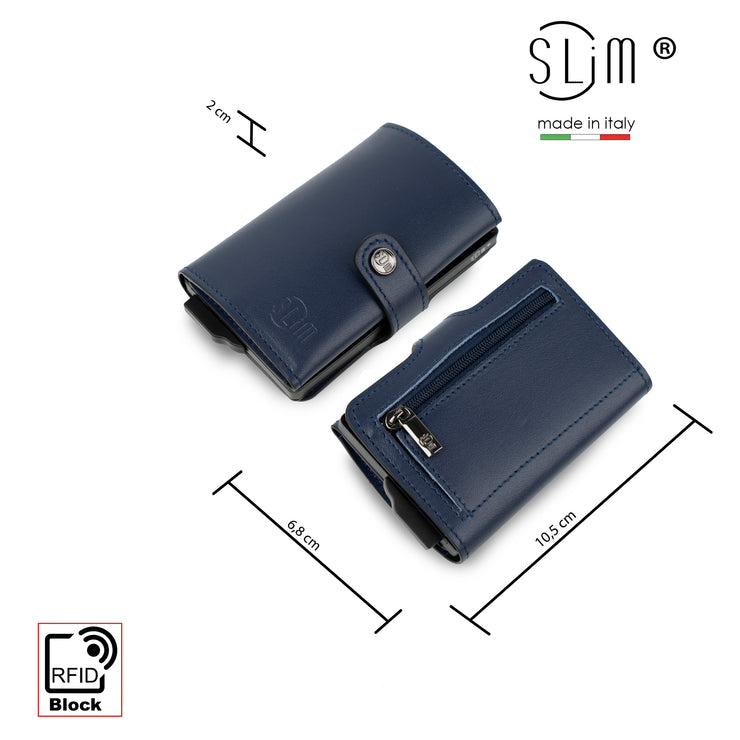 Porta Carte Vera Pelle Blu con Zip