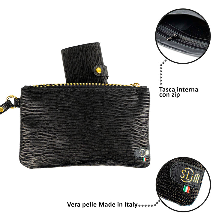 Pochette con Polsiera Vera Pelle Tejus Nero e Oro